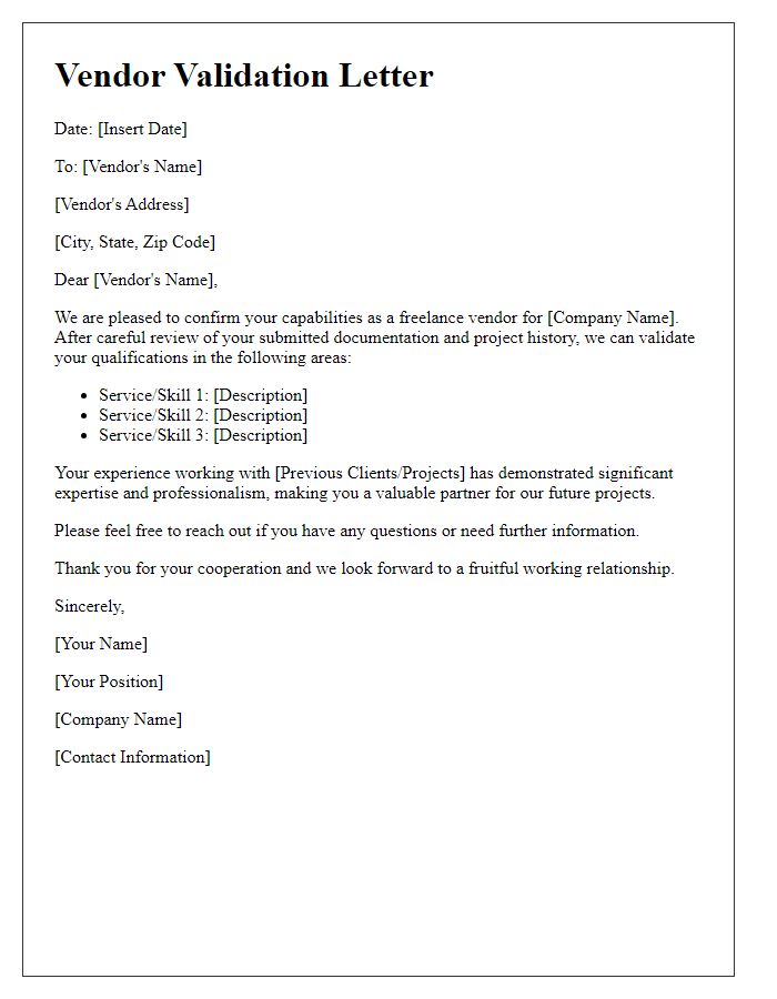 Letter template of validation for freelance vendor capabilities