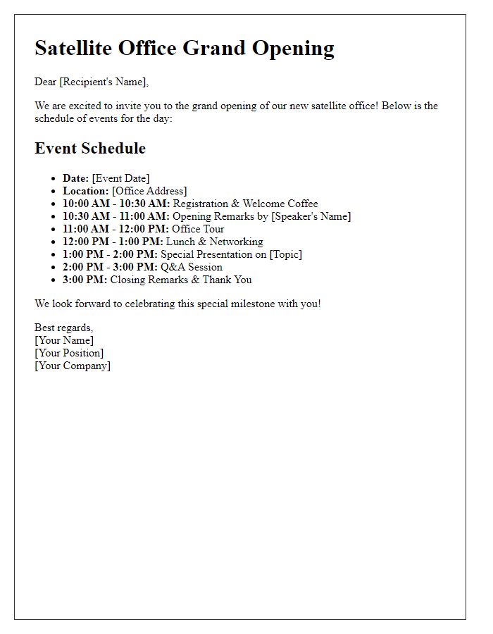 Letter template of event schedule for satellite office grand opening