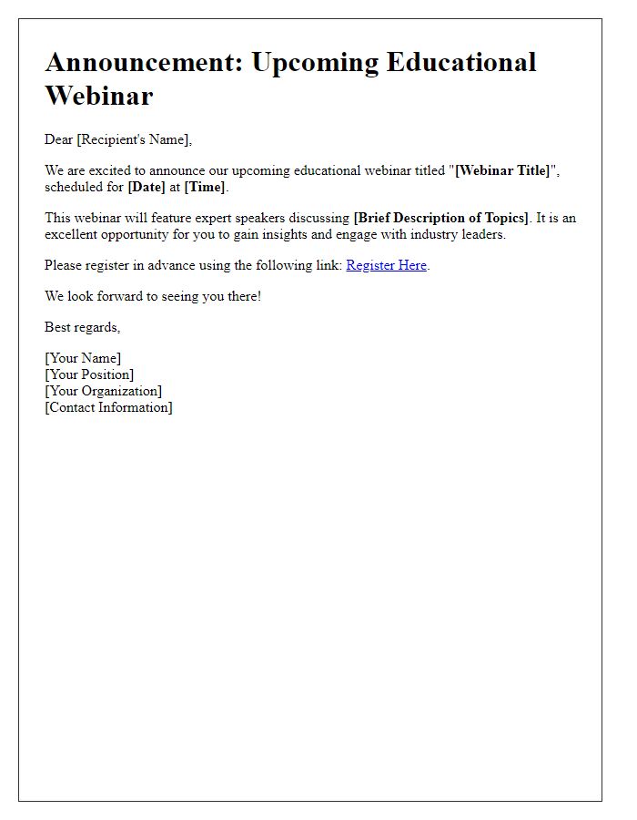 Letter template of Announcement for Upcoming Educational Webinar