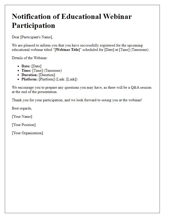 Letter template of Notification for Educational Webinar Participation