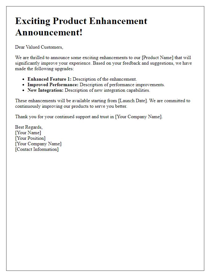 Letter template of product enhancement announcement