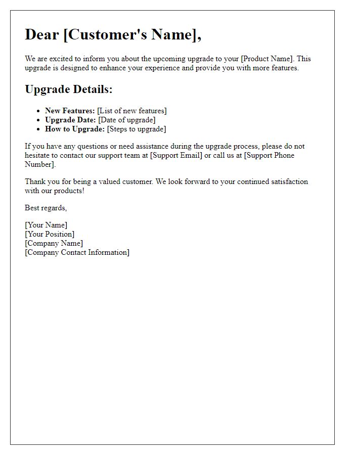 Letter template of product upgrade details