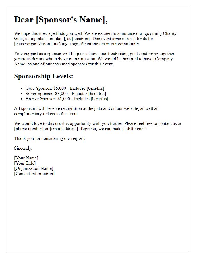 Letter template of charity gala sponsorship appeal