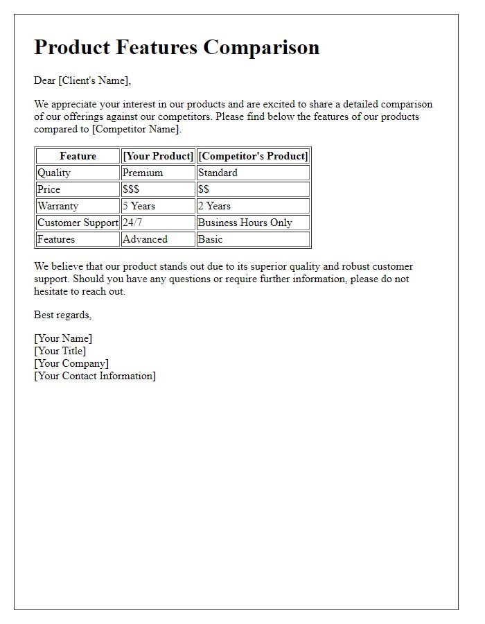 Letter template of product features comparison for competitive clients.