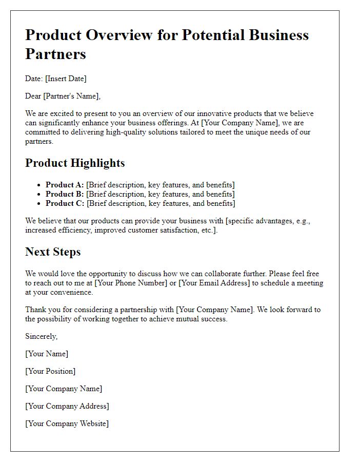 Letter template of product overview for potential business partners.