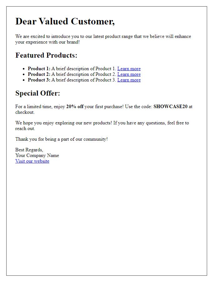 Letter template of product showcase for online clients.