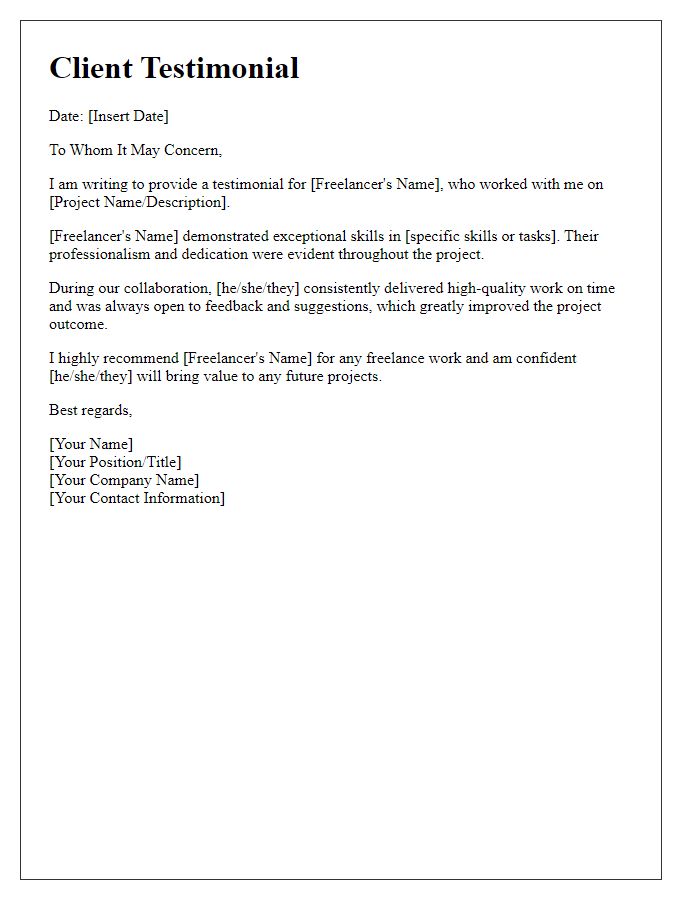 Letter template of freelance client testimonials incorporation