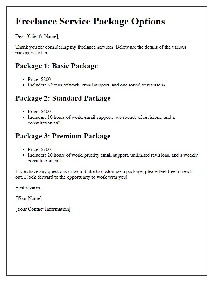 Letter template of freelance service packages detailing