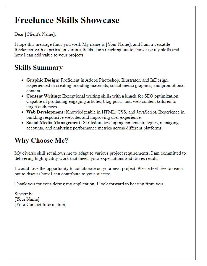 Letter template of freelance skills showcasing versatility