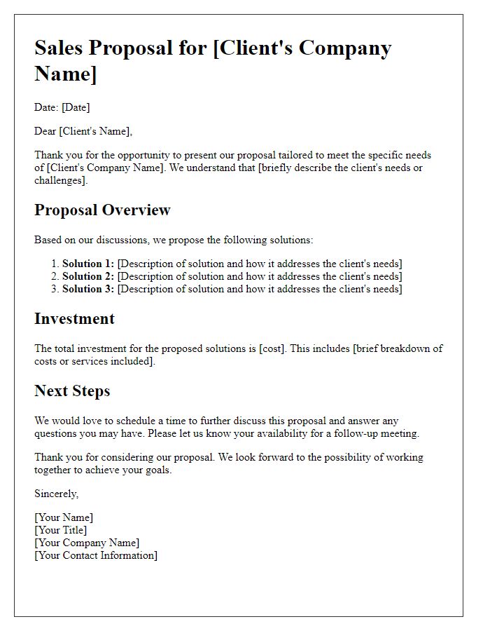 Letter template of customized sales proposal for specific needs