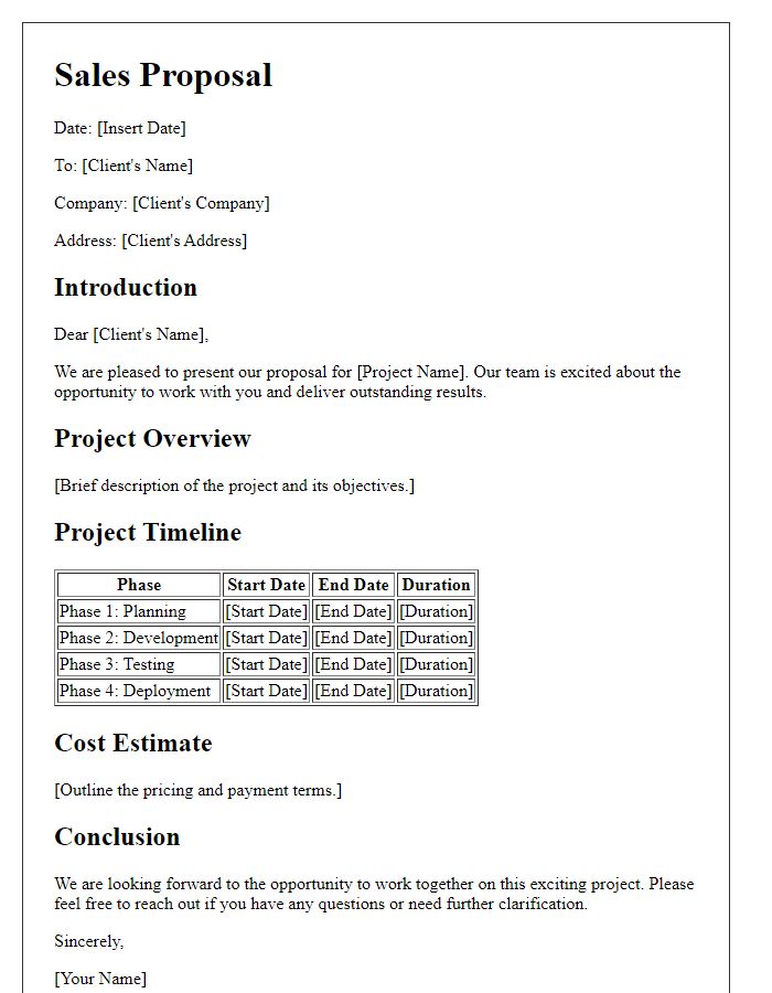 Letter template of sales proposal with project timeline