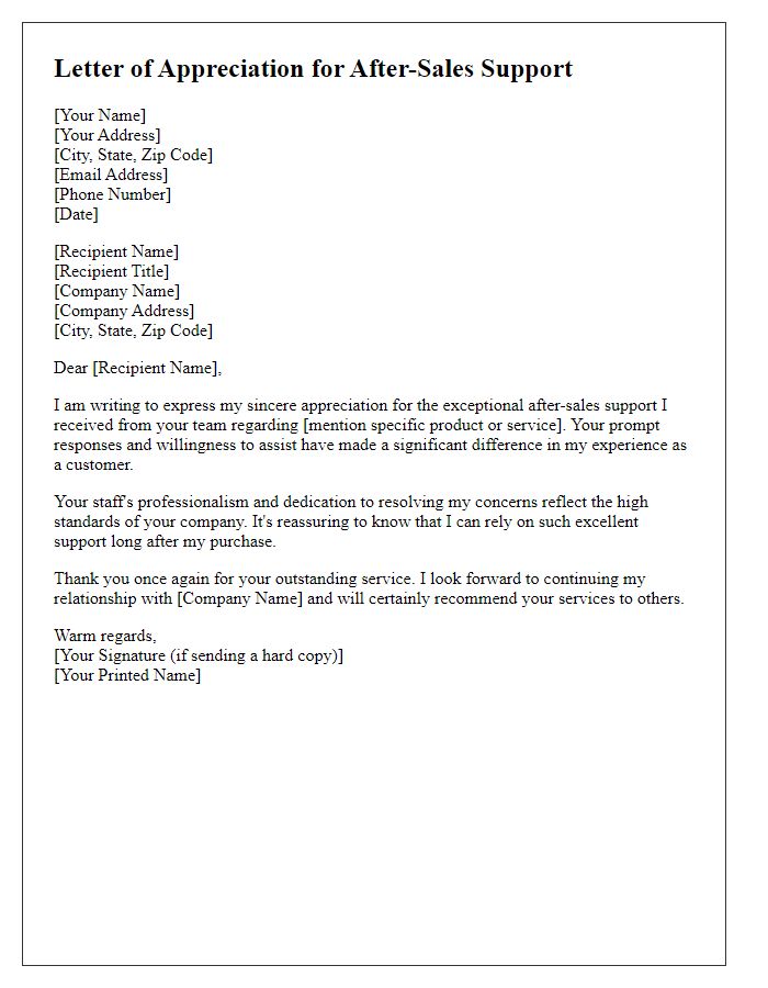 Letter template of appreciation for after-sales support experience