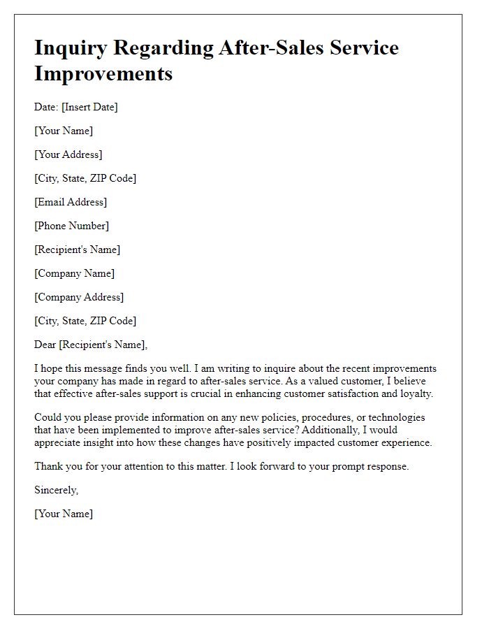 Letter template of inquiry regarding after-sales service improvements