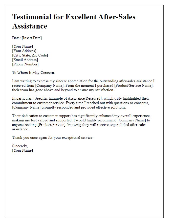 Letter template of testimonial for excellent after-sales assistance