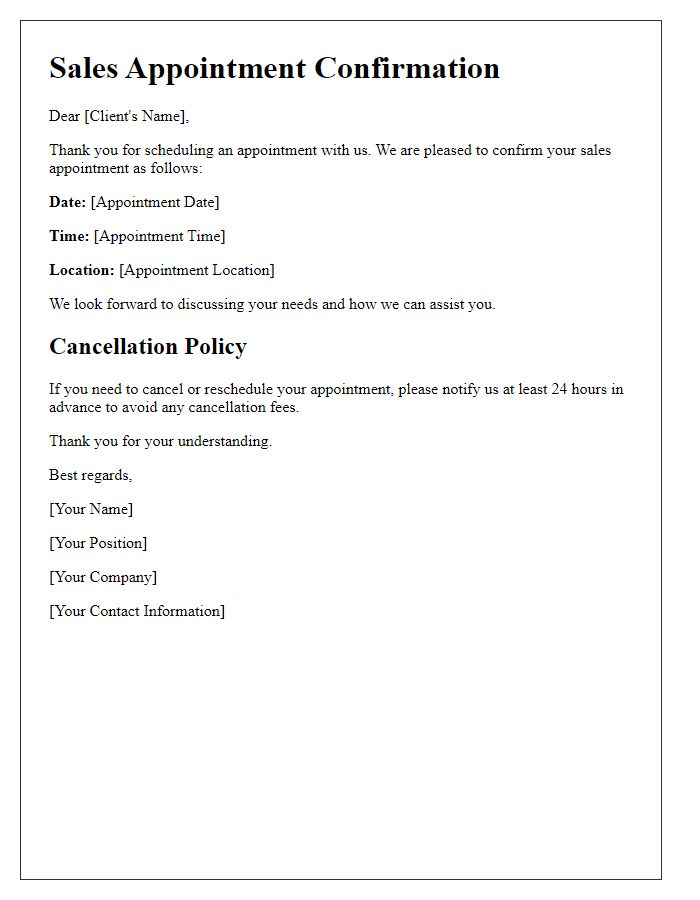 Letter template of Sales Appointment Confirmation with Cancellation Policy