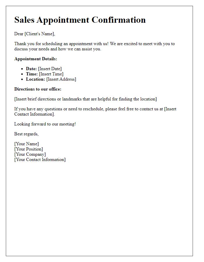 Letter template of Sales Appointment Confirmation with Directions