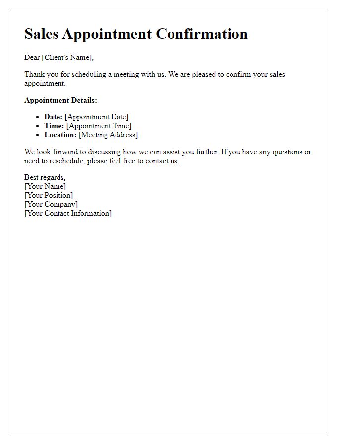 Letter template of Sales Appointment Confirmation for In-Person Meeting