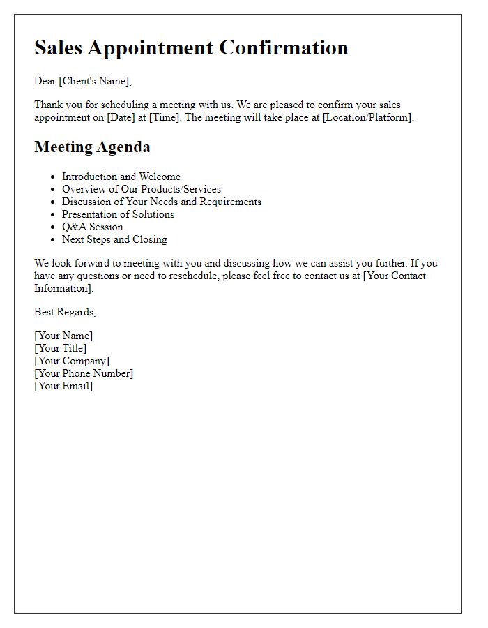 Letter template of Sales Appointment Confirmation with Meeting Agenda