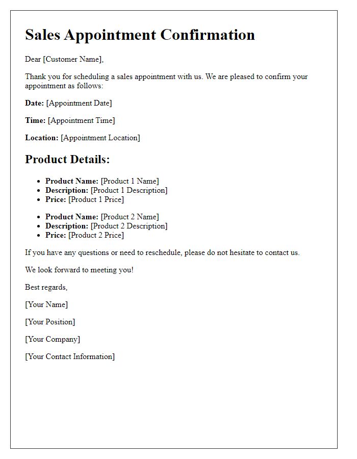 Letter template of Sales Appointment Confirmation with Product Details