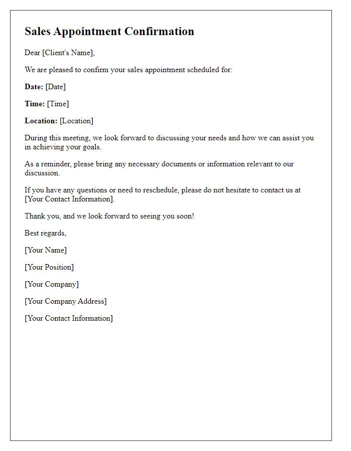 Letter template of Sales Appointment Confirmation with Reminder Notification