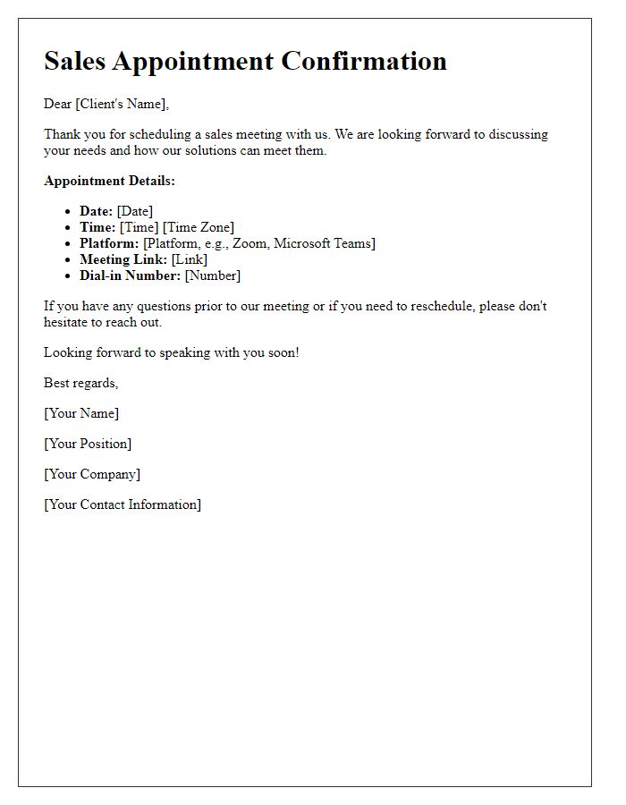 Letter template of Sales Appointment Confirmation for Virtual Meeting