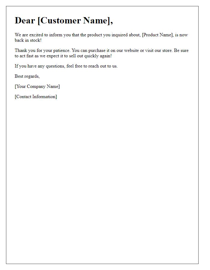 Letter template of product availability notification for customers