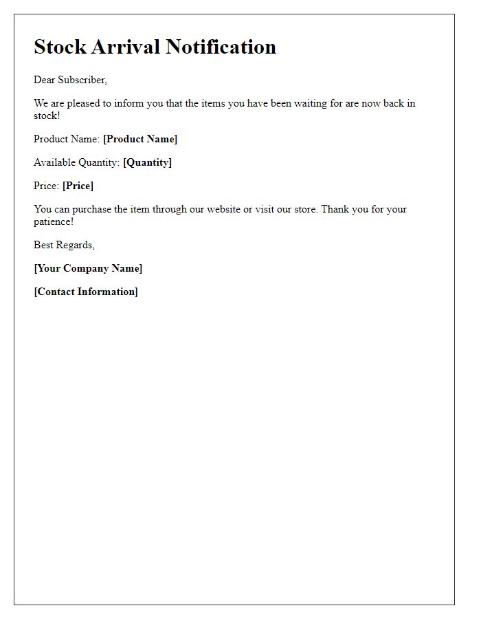 Letter template of stock arrival notification for subscribers