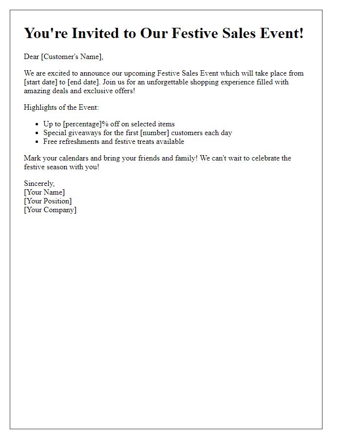 Letter template of festive sales event announcement