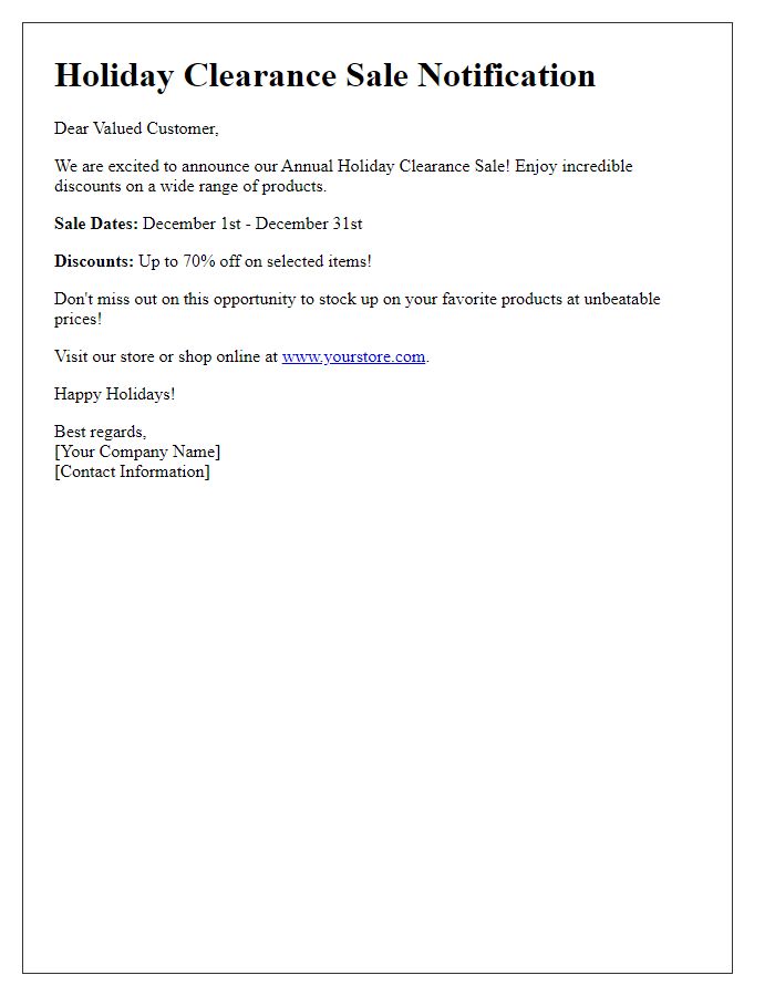 Letter template of holiday clearance sale notification