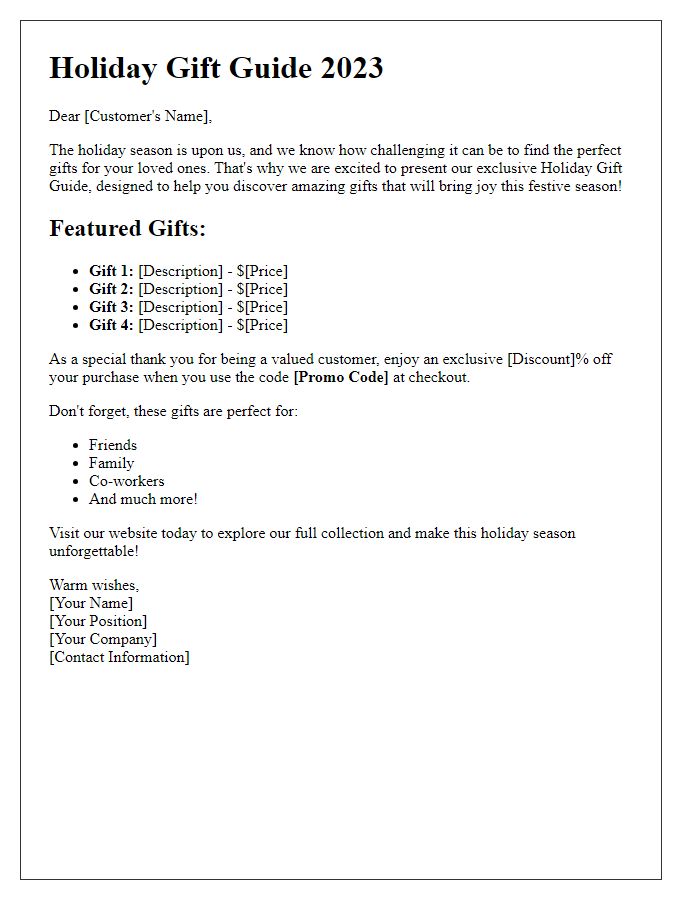 Letter template of holiday gift guide promotion