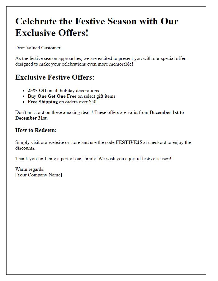 Letter template of special festive offers brochure