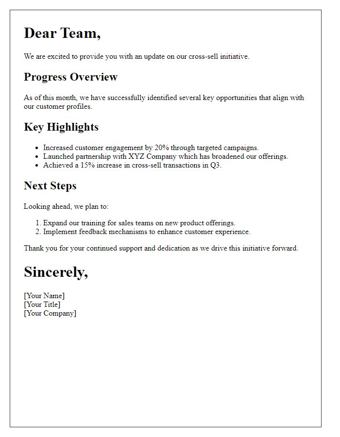 Letter template of cross-sell initiative update