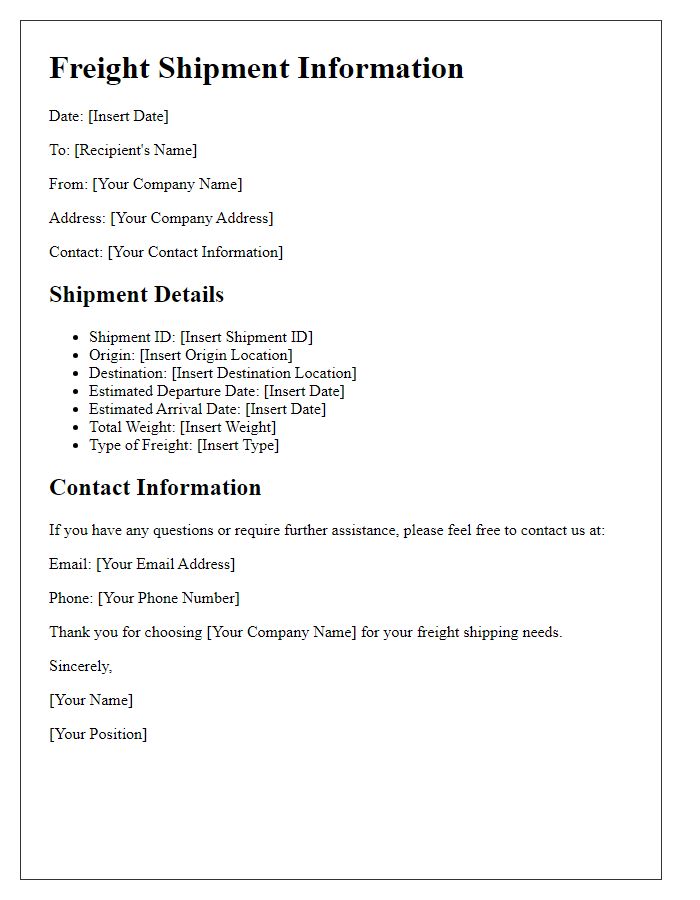 Letter template of freight shipment information