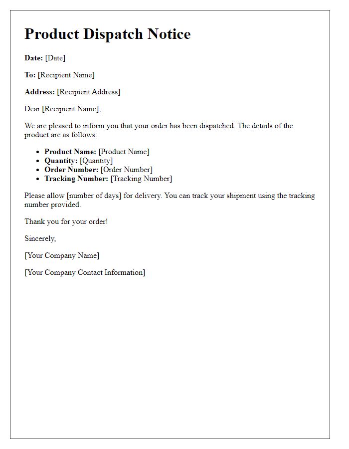 Letter template of product dispatch notice