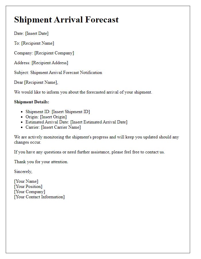 Letter template of shipment arrival forecast