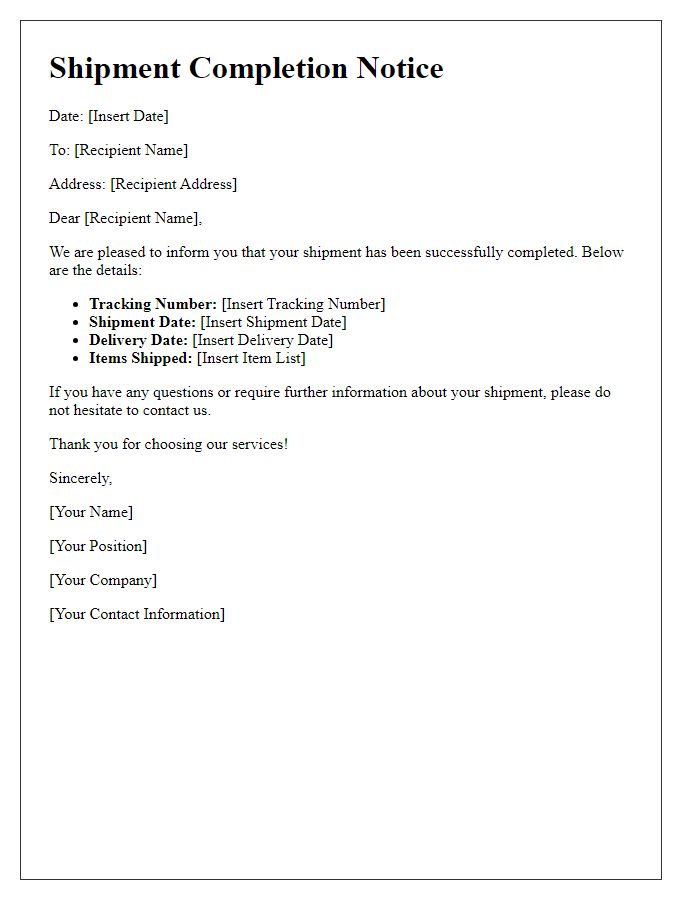 Letter template of shipment completion notice