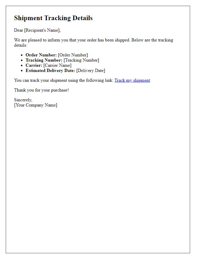 Letter template of shipment tracking details