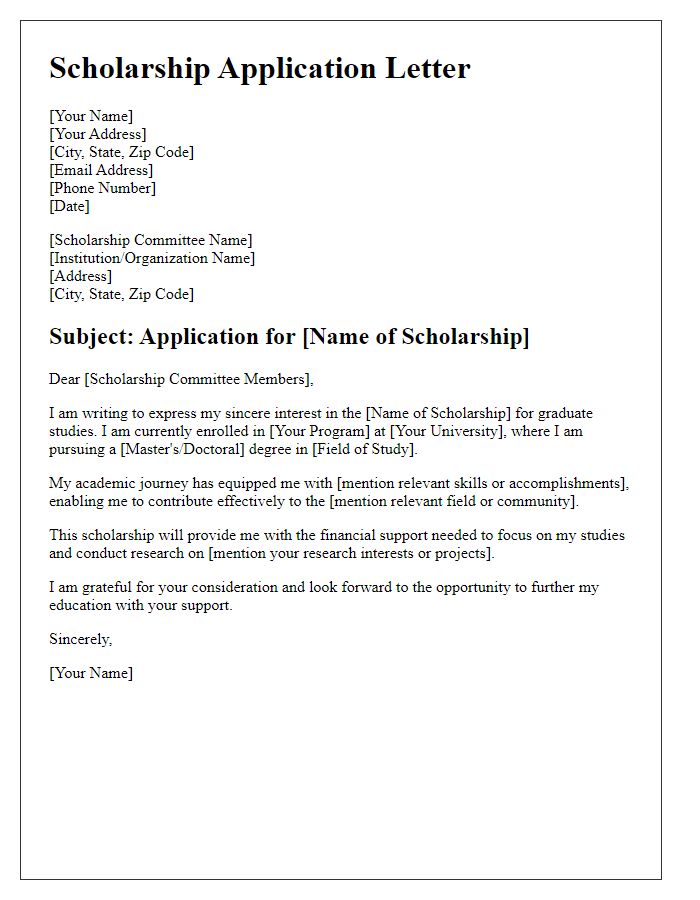 Letter template of scholarship application for graduate studies