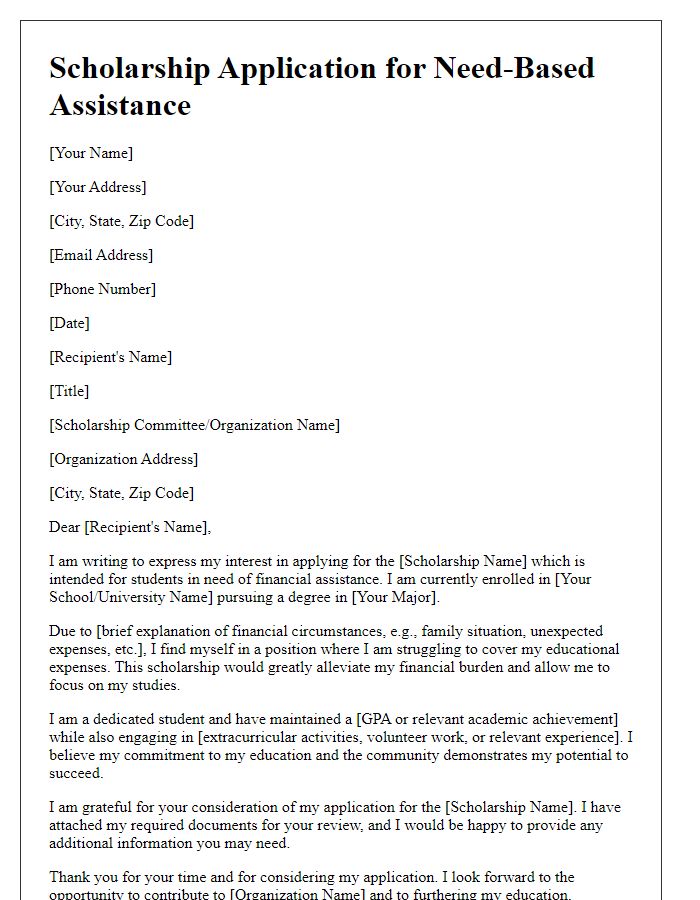 Letter template of scholarship application for need-based assistance