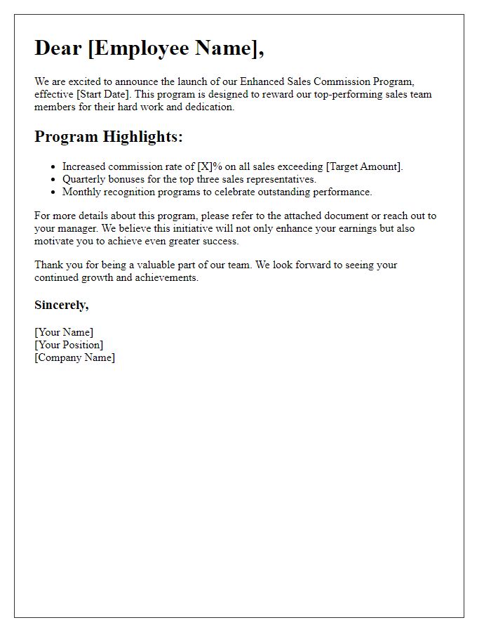 Letter template of enhanced sales commission program