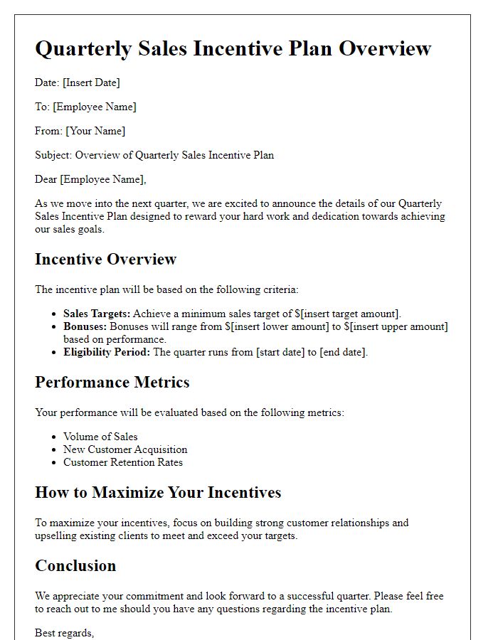 Letter template of quarterly sales incentive plan overview