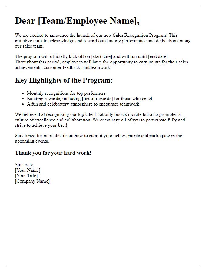 Letter template of sales recognition program launch