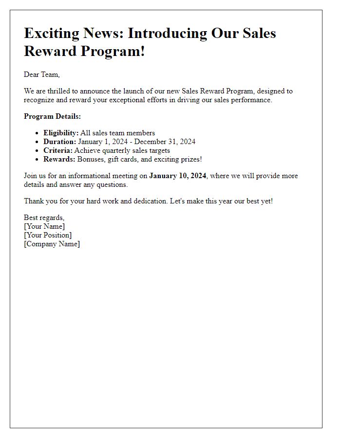 Letter template of sales reward program announcement