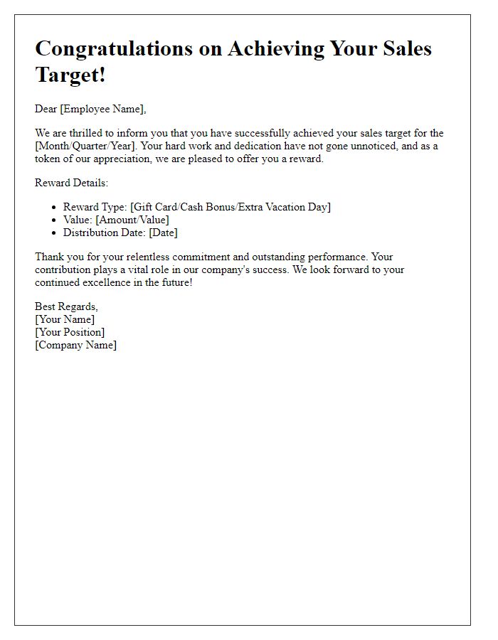 Letter template of sales target achievement reward program