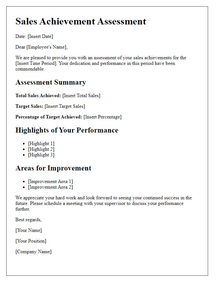 Letter template of sales achievement assessment.