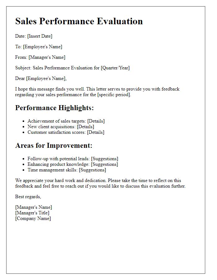 Letter template of sales performance evaluation.