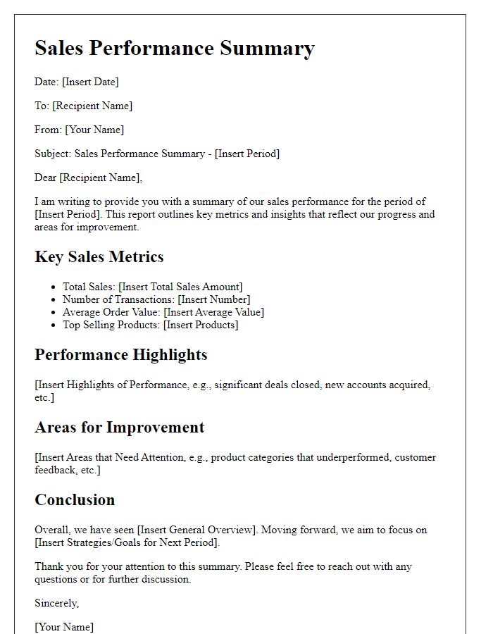 Letter template of sales performance summary.