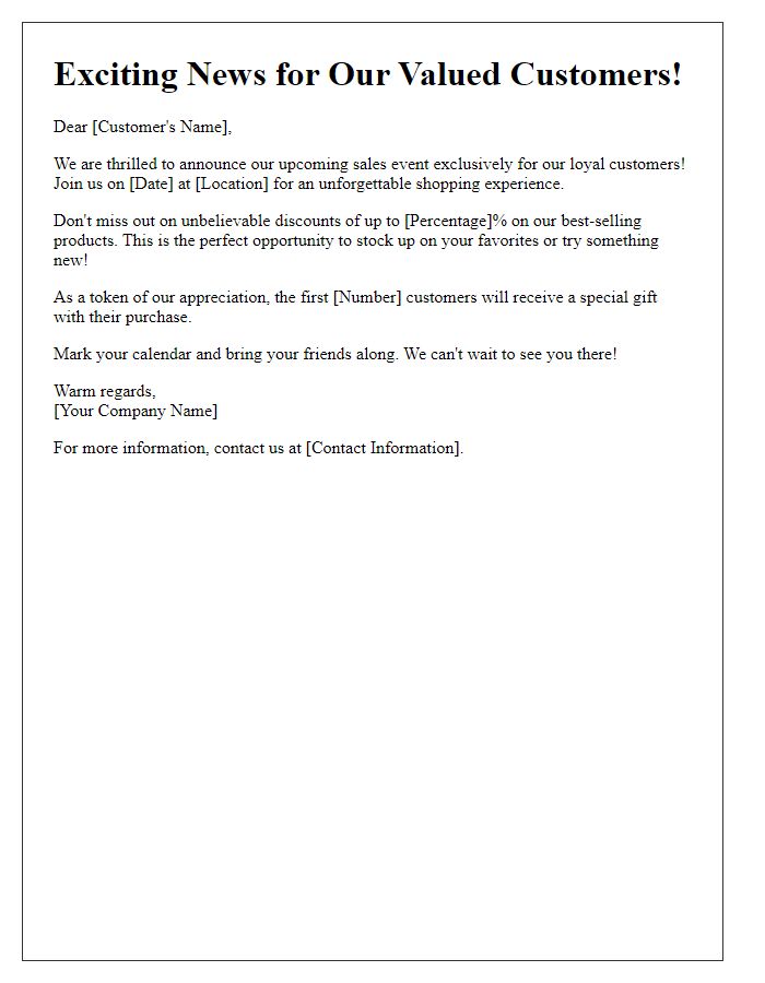 Letter template of announcement for upcoming sales event to valued customers