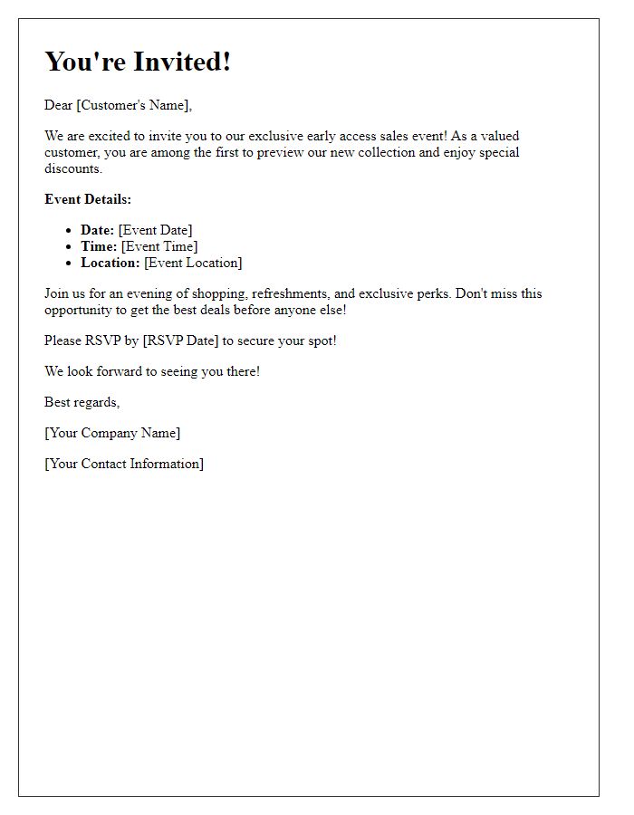 Letter template of early access invitation for customer sales event