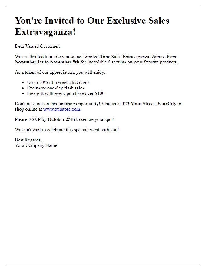 Letter template of invitation to limited-time sales extravaganza for customers